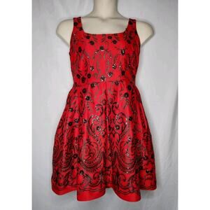 TAYLOR Women's Sequined Fit & Flare Dress Red Size 12 Black Embroidery Sequins